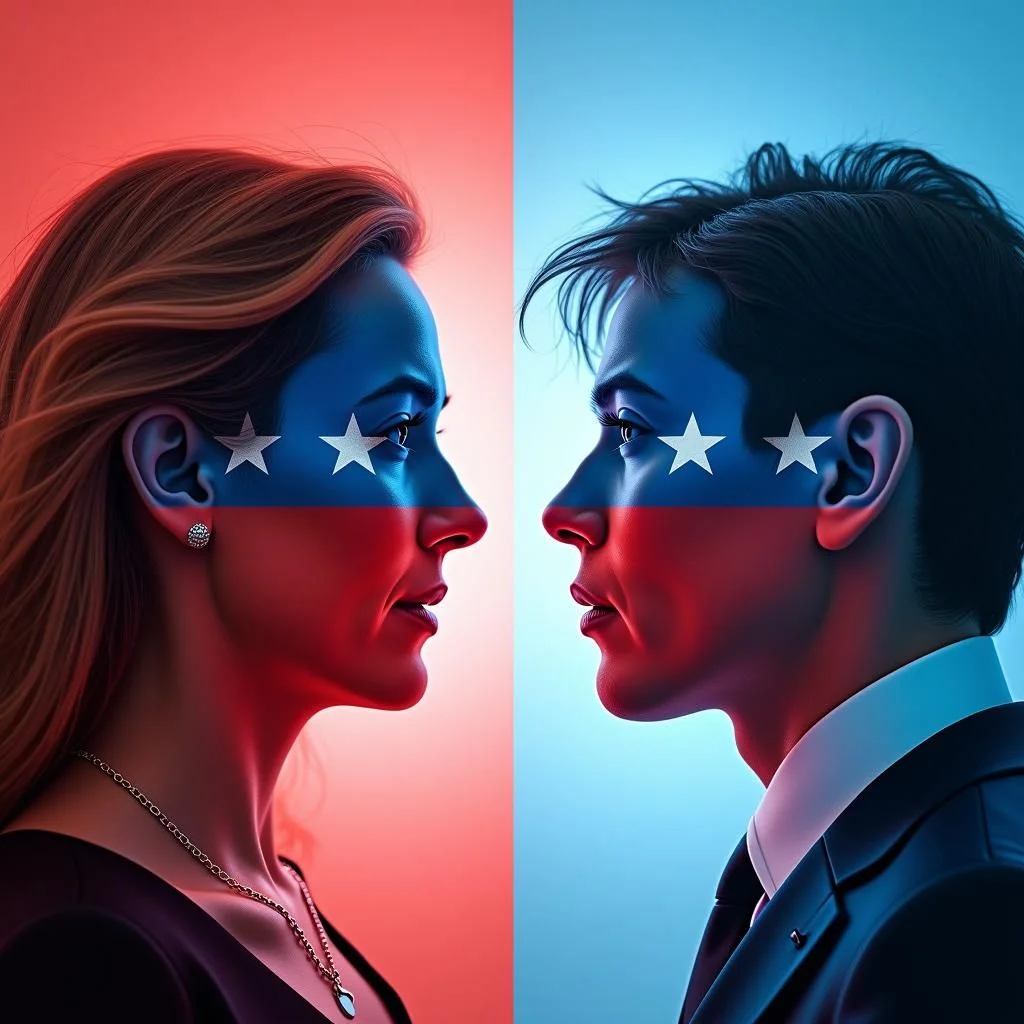 Split-screen shows Republican and Democratic party logos with contrasting survey