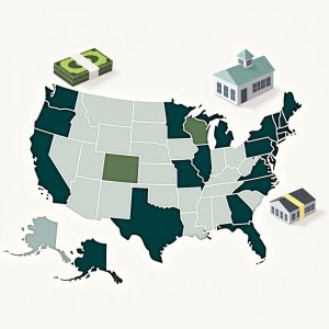 El mapa muestra la participación de los estados, billetes de dólares y edificios escolares.