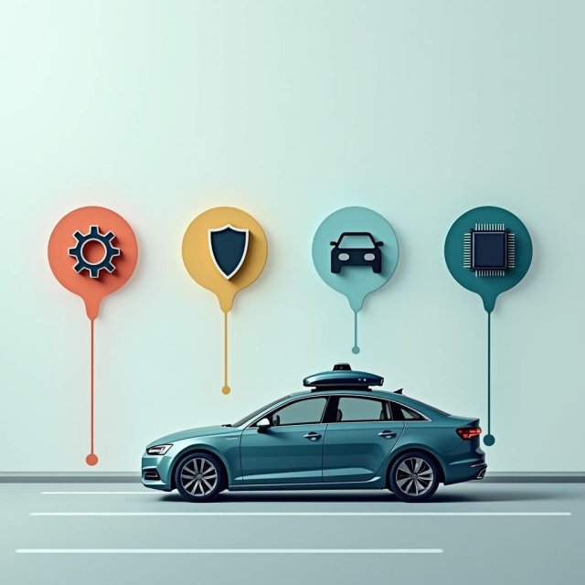 Cuatro iconos que representan enfoques de responsabilidad para autos conducidos por computadora.