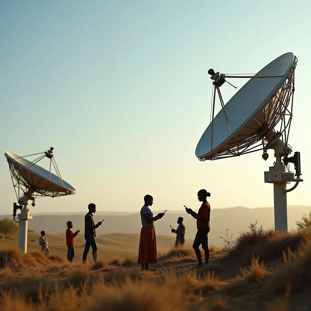 Paysages africains ruraux avec des antennes par satellite et des utilisateurs de mobiles alimentés par l'énergie solaire