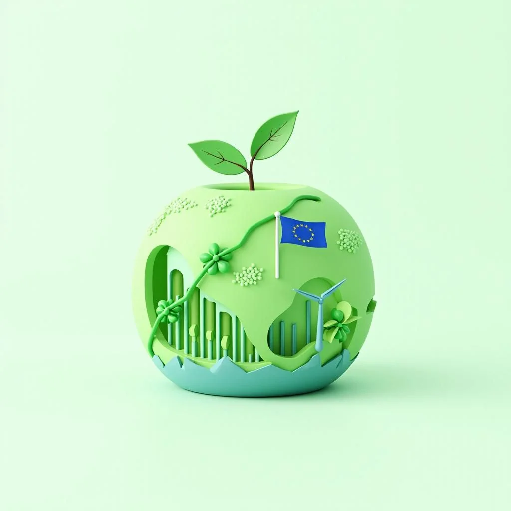 Banderas de la Unión Europea con iconos de financiación y política climática.