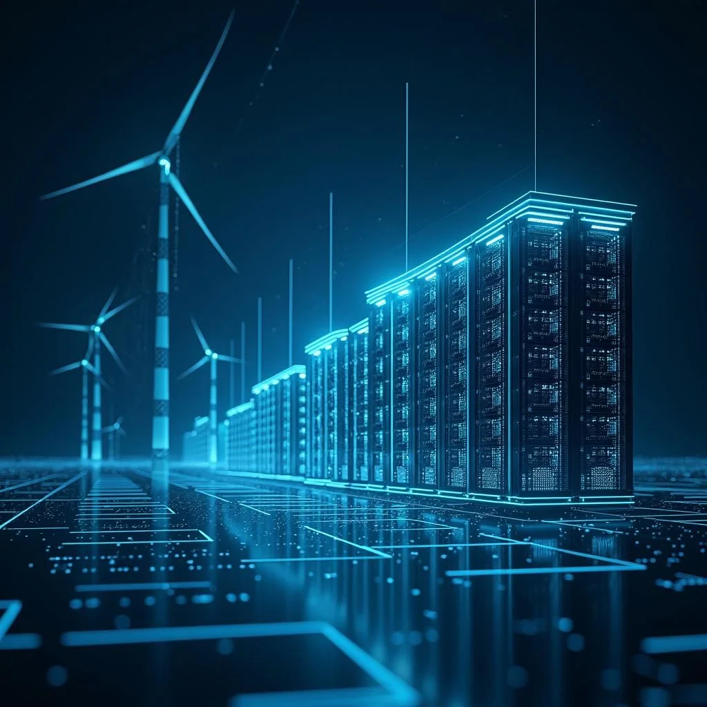 Centros de datos y fuentes de energía renovable con gráficos de consumo de energía.