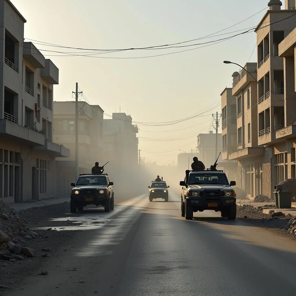 Les bâtiments détruits et les véhicules militaires dans la ville de Gaza après-coup.