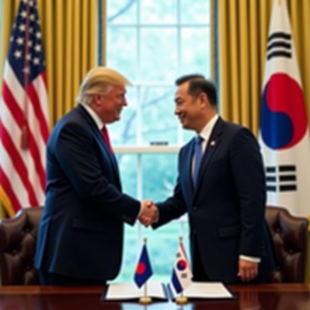 El presidente estadounidense Trump se estrecha la mano con el presidente surcoreano Lee.