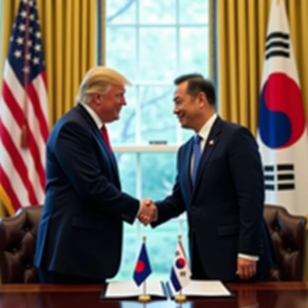 El presidente estadounidense Trump se estrecha la mano con el presidente surcoreano Lee.