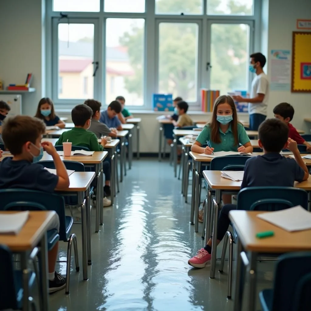 Écoles inondées, élèves en masques, et établissements scolaires fermés.