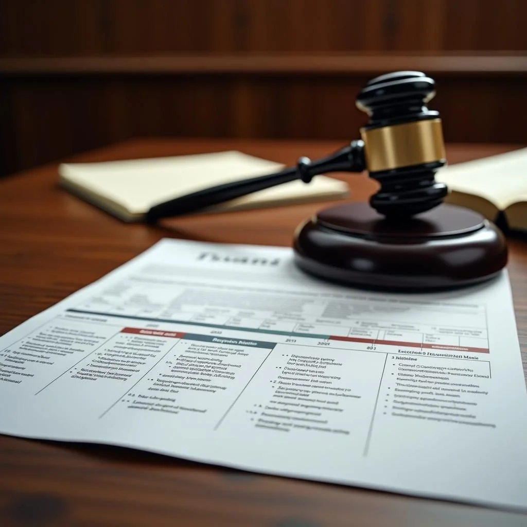 Une scène de tribunal avec des documents juridiques et des matériaux réglementaires.