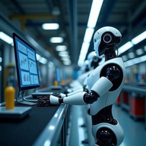 Robots reemplazando a trabajadores humanos en una línea de montaje, gráfico mostrando