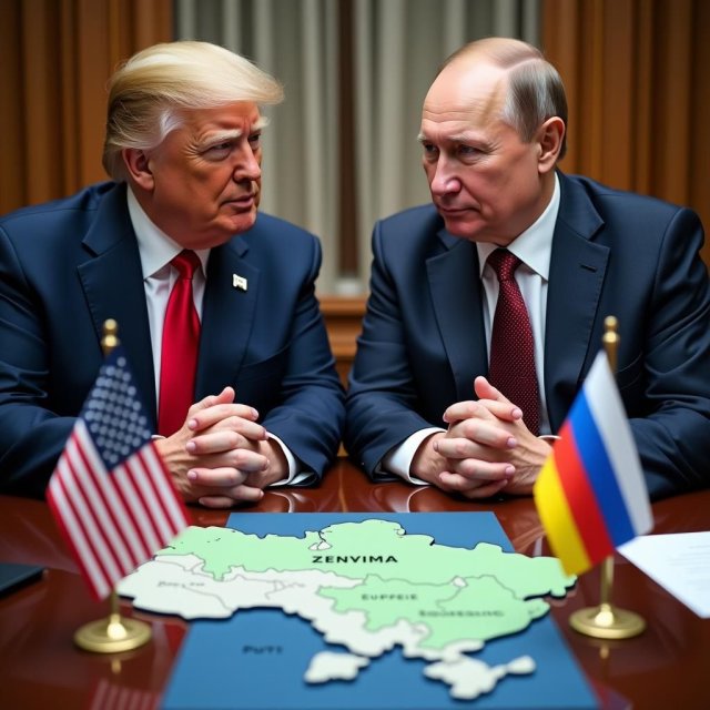 Los líderes Zelensky, Putin y Trump en la mesa de reunión diplomática de Ginebra.