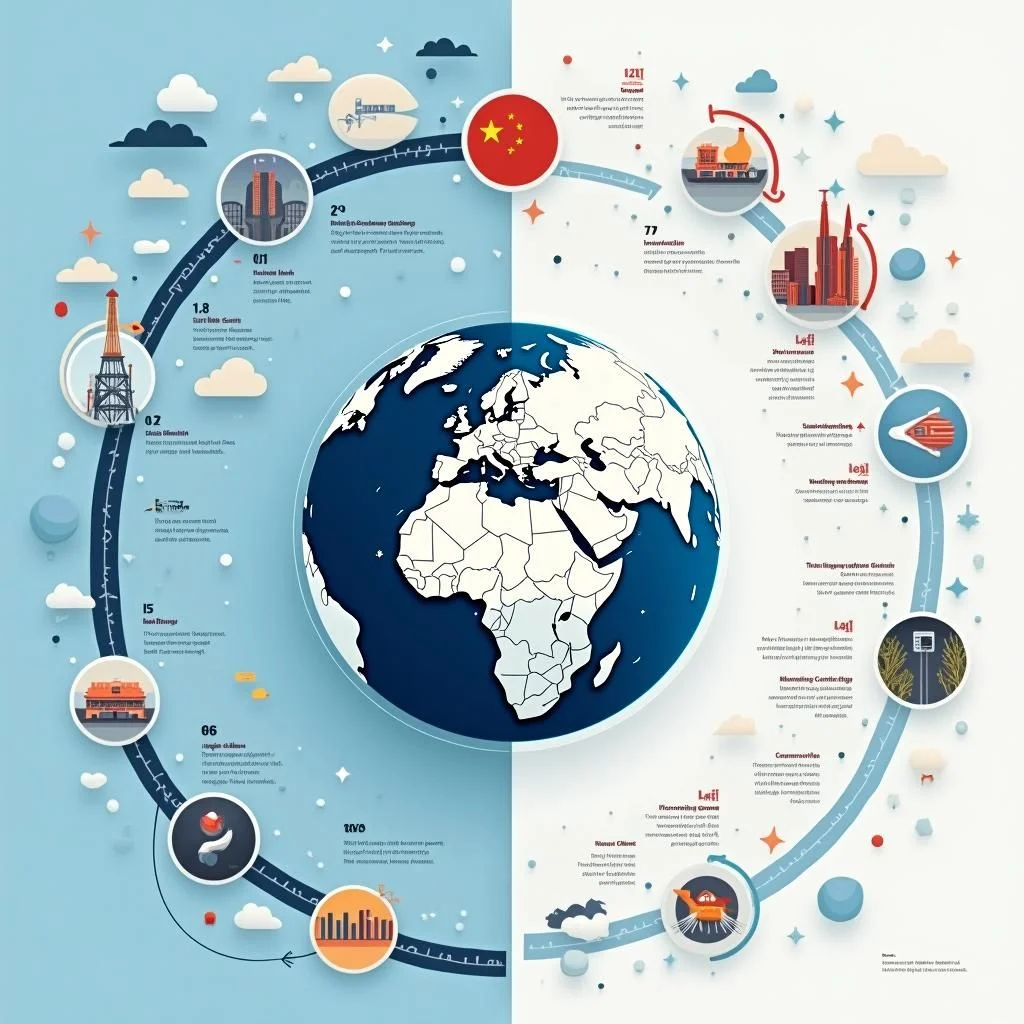Timeline, diagramme en flèches, globe illustrant les changements diplomatiques et stratégiques.