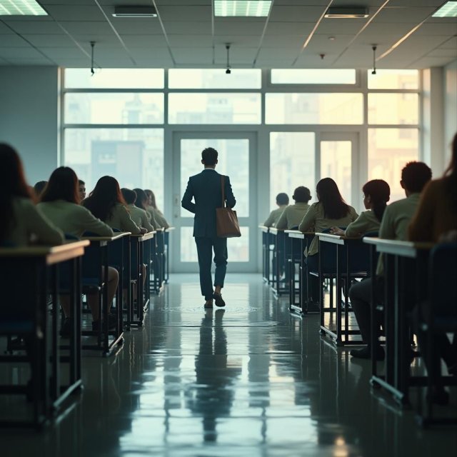 Aulas inundadas y edificios escolares dañados con estudiantes evacuando.