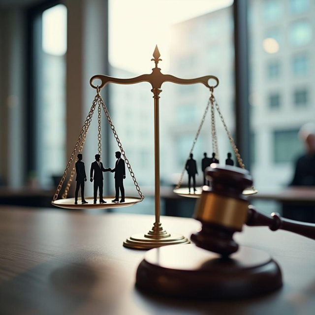 Una balanza, un martillo y un escenario de tribunal con un juez.