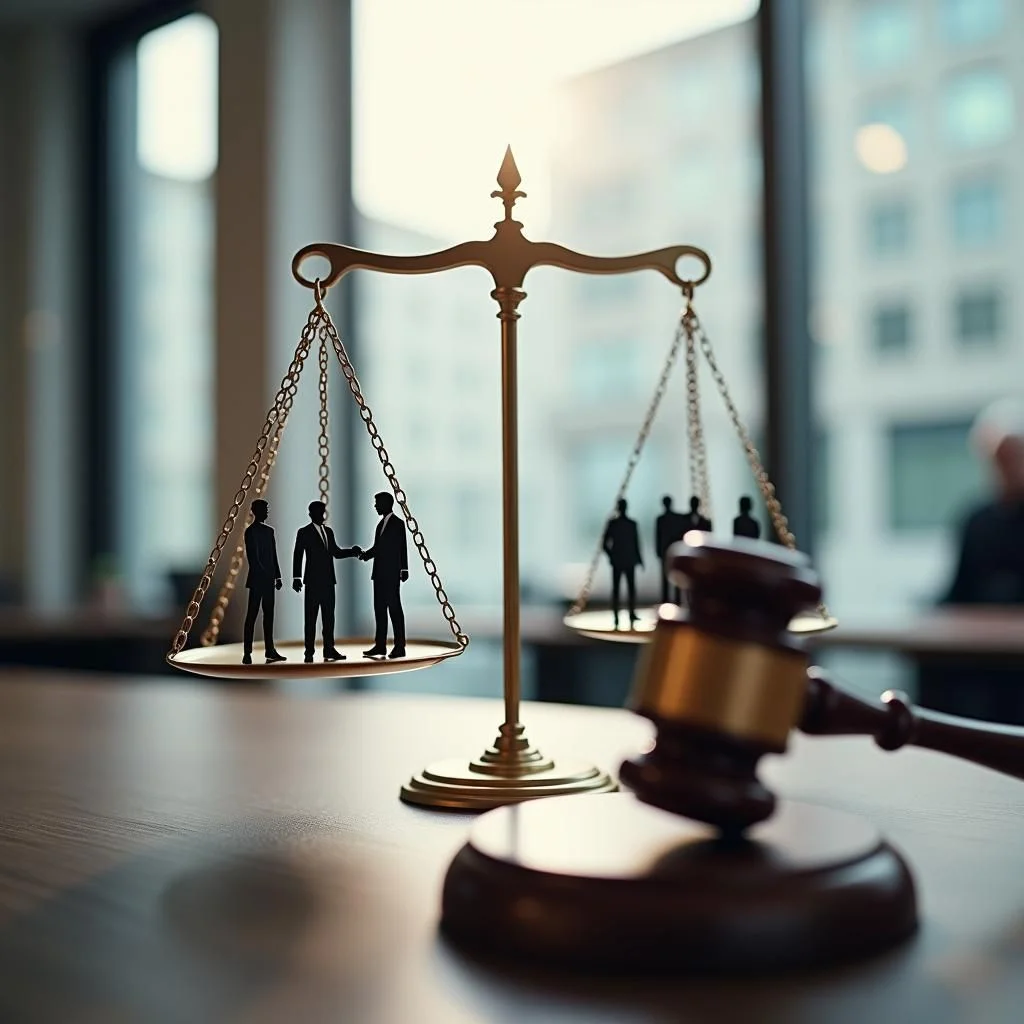 Una balanza, un martillo y un escenario de tribunal con un juez.