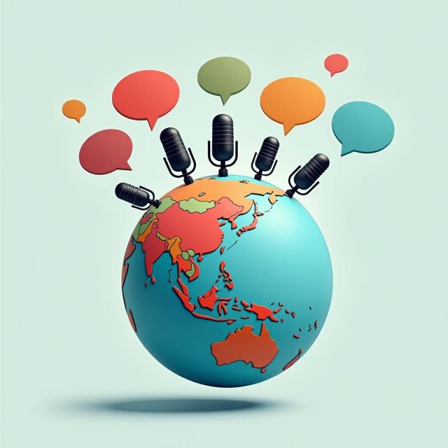 Un globo con el sudeste asiático destacado y voces diversas representadas.