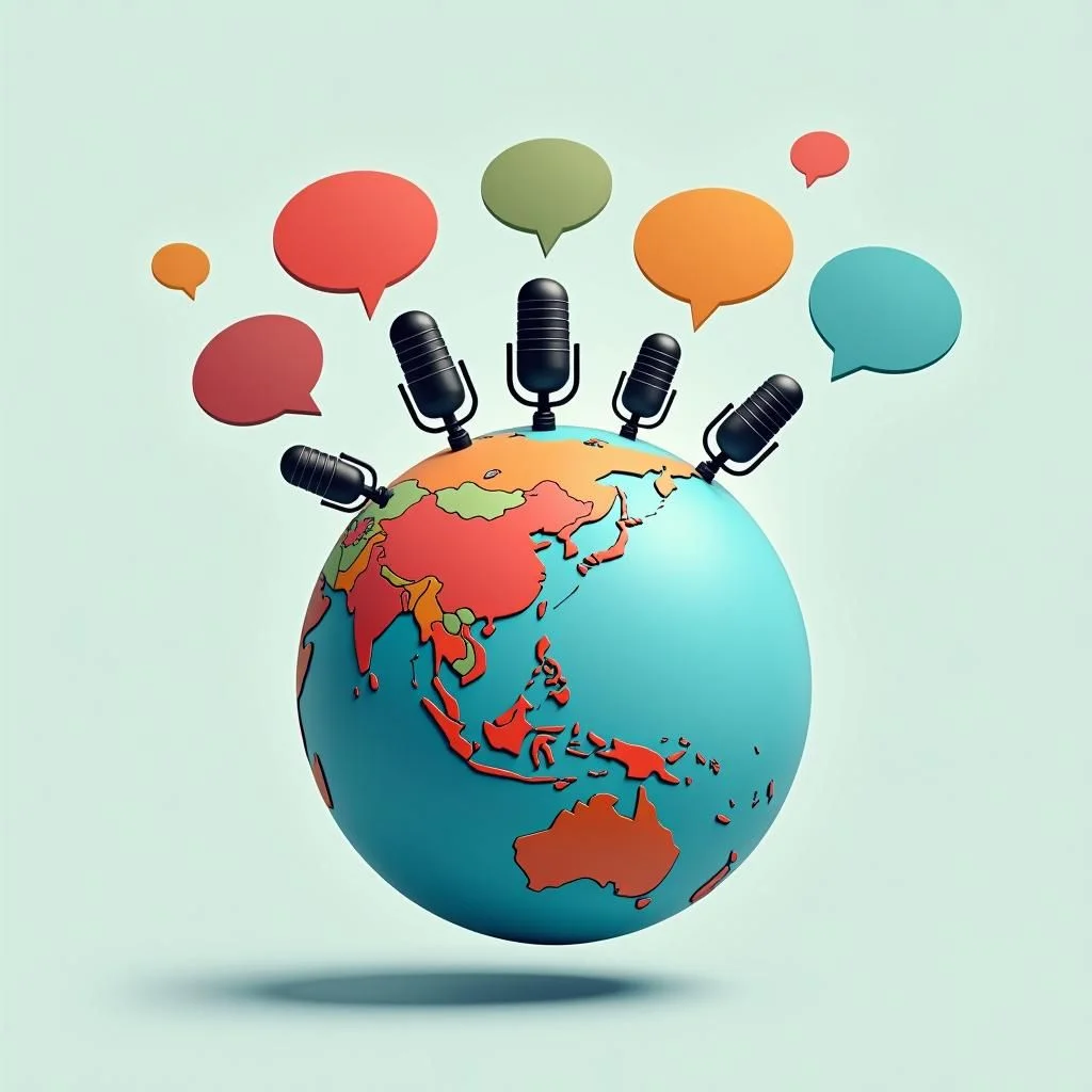 Un globe avec l'Asie du Sud-Est mis en évidence et des voix diverses représentées.