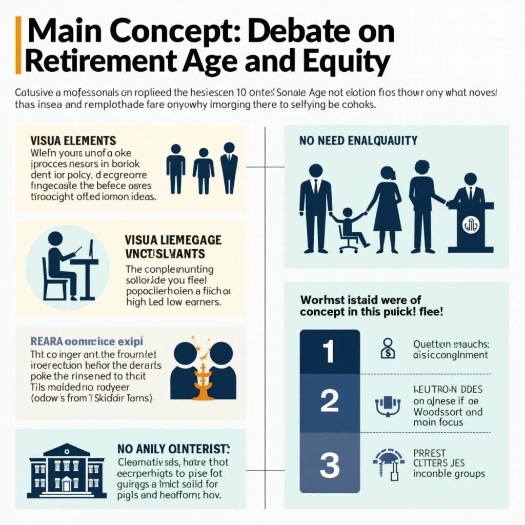 Les icônes et les graphiques illustrent le débat sur l'âge de la retraite et l'équité.