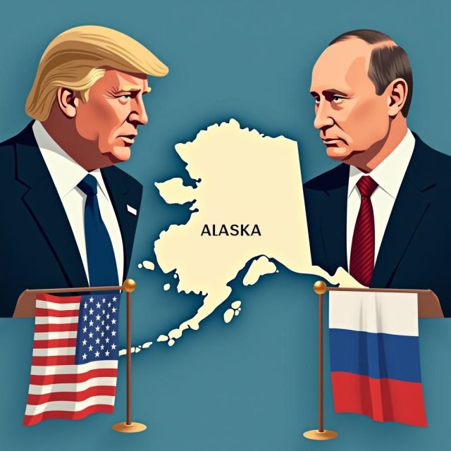 Mapa de Alaska con Trump y Putin en una reunión diplomática.