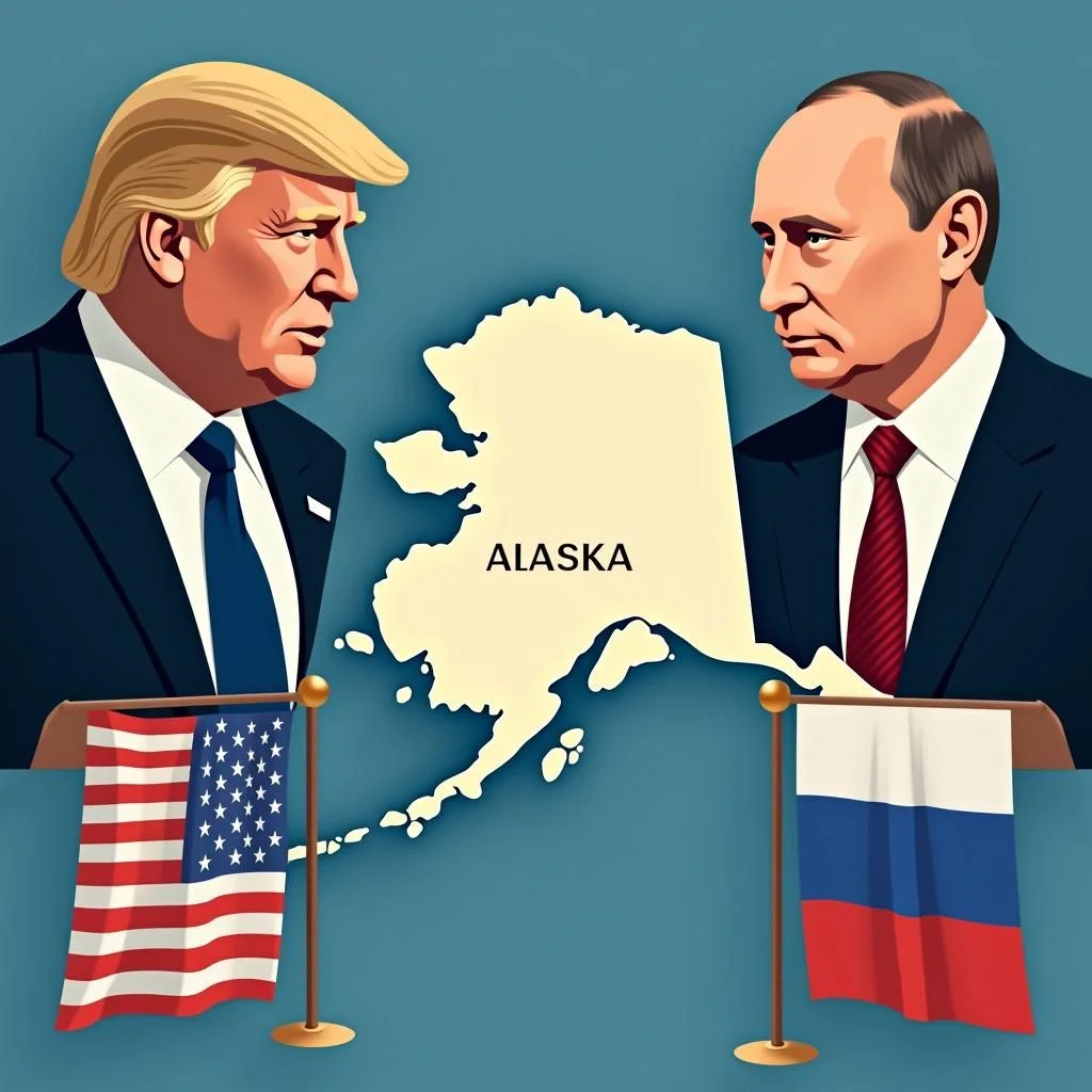 Mapa de Alaska con Trump y Putin en una reunión diplomática.