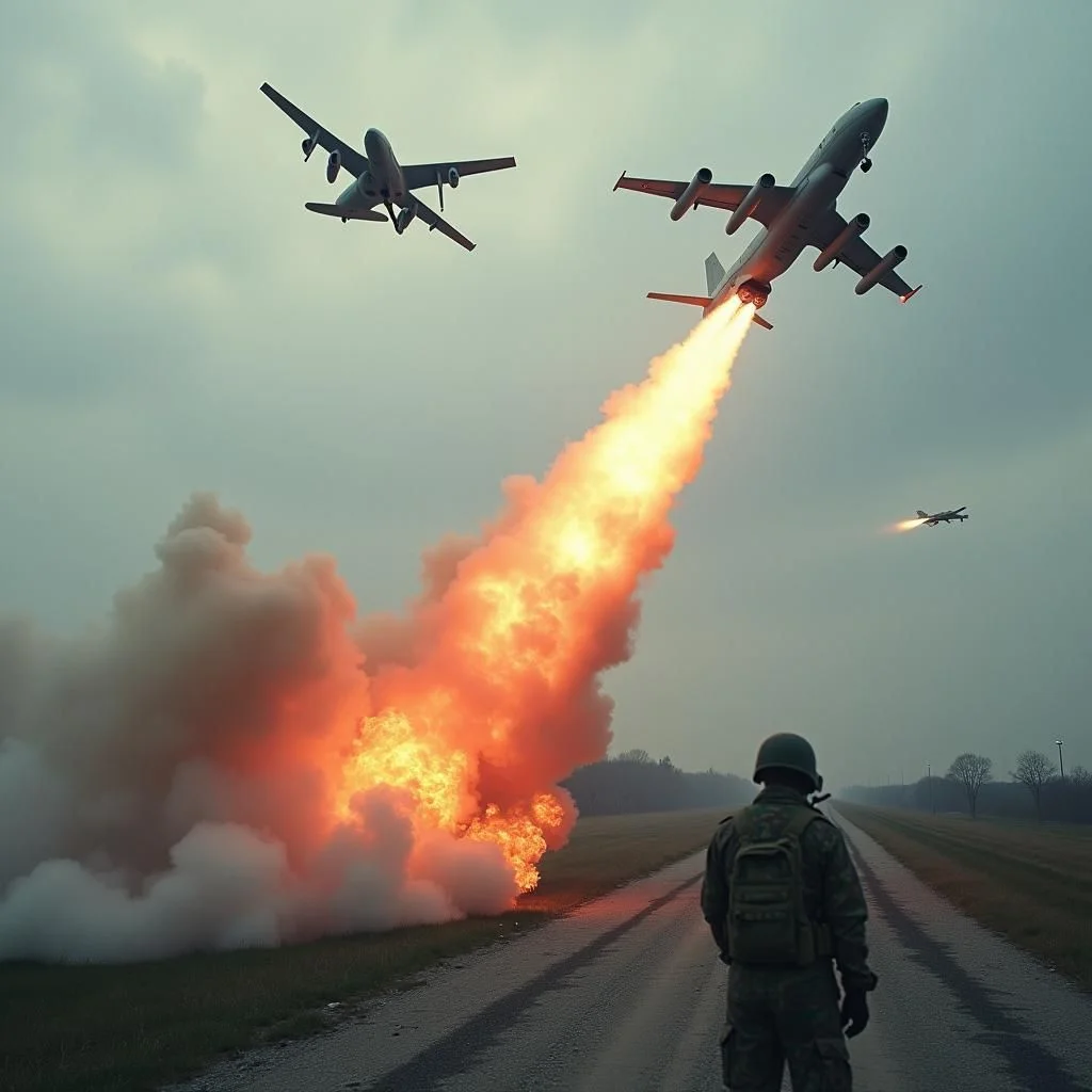 Images of drones, missiles, and military operations; maps showing regions