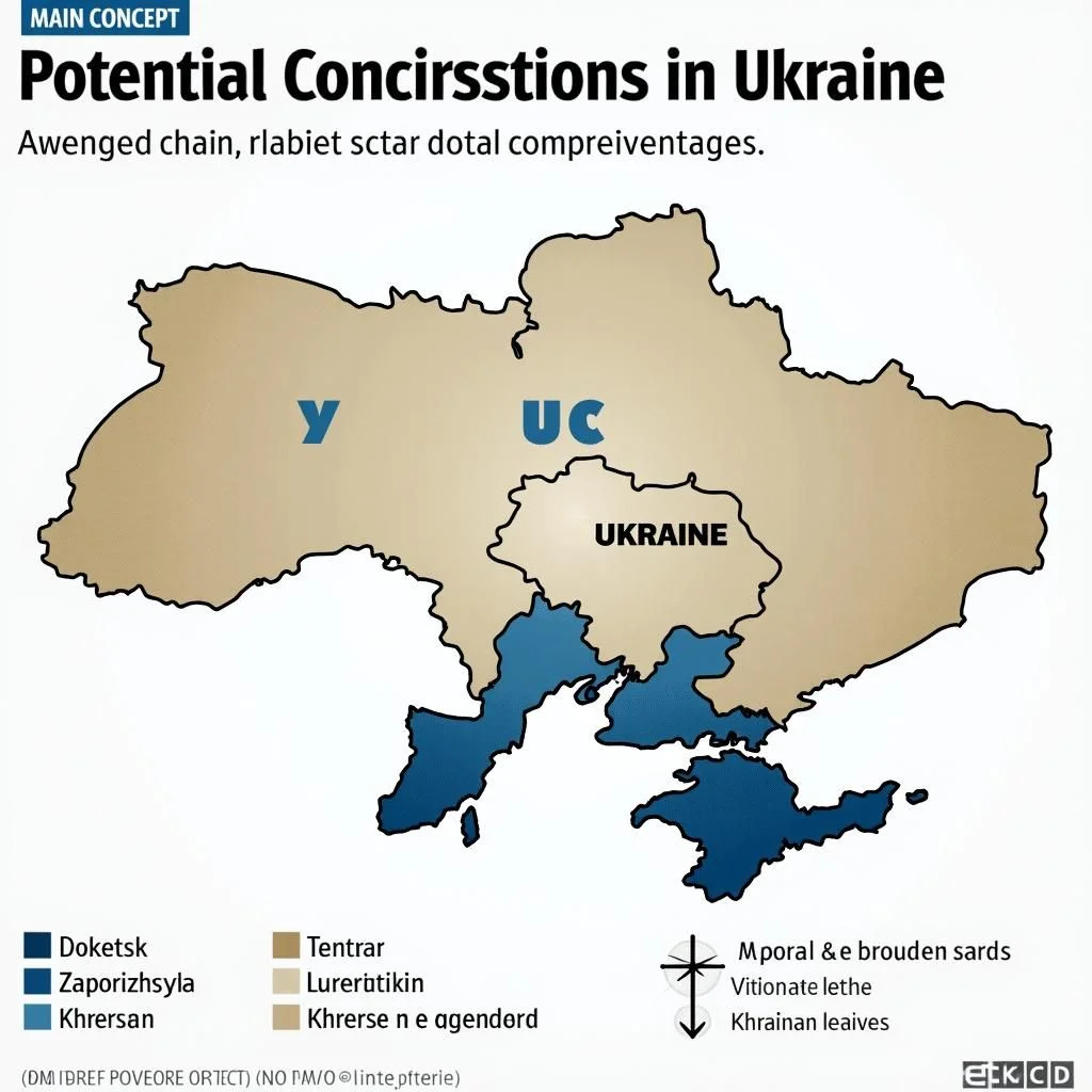 Mapa de Ucrania destacando posibles concesiones y compensaciones territoriales.