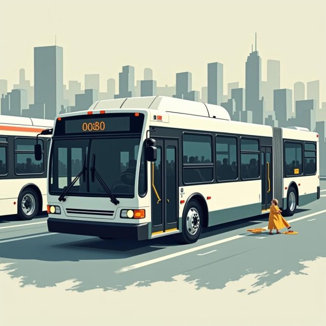 Gráficos comparativos y autobuses de lujo destacan los costos de transporte público en los Estados Unidos.