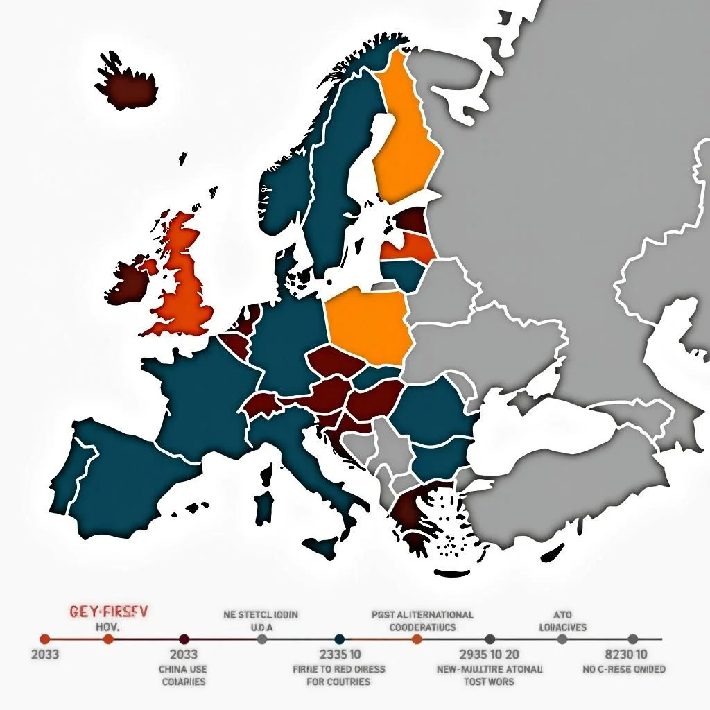 Un mapa de Europa con bloques coloreados y una cronología.