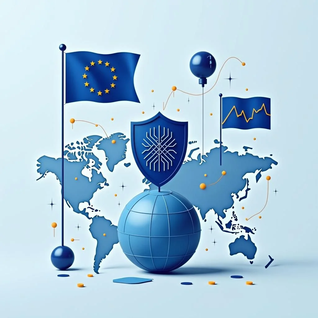Una bandera europea con símbolos de defensa, tecnología, finanzas y