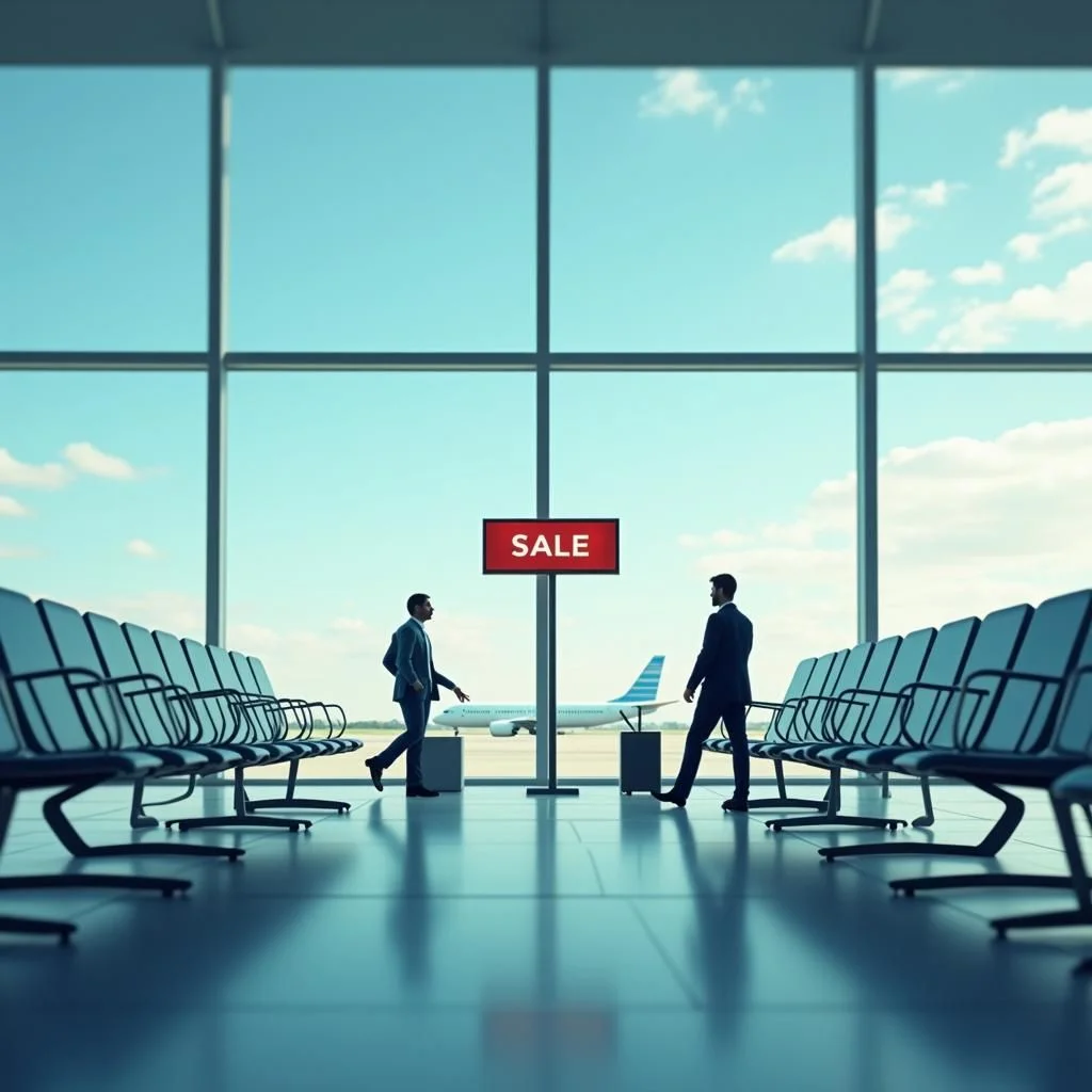Terminal de aeropuerto con letrero "En Venta" y gráfica de métricas de eficiencia.