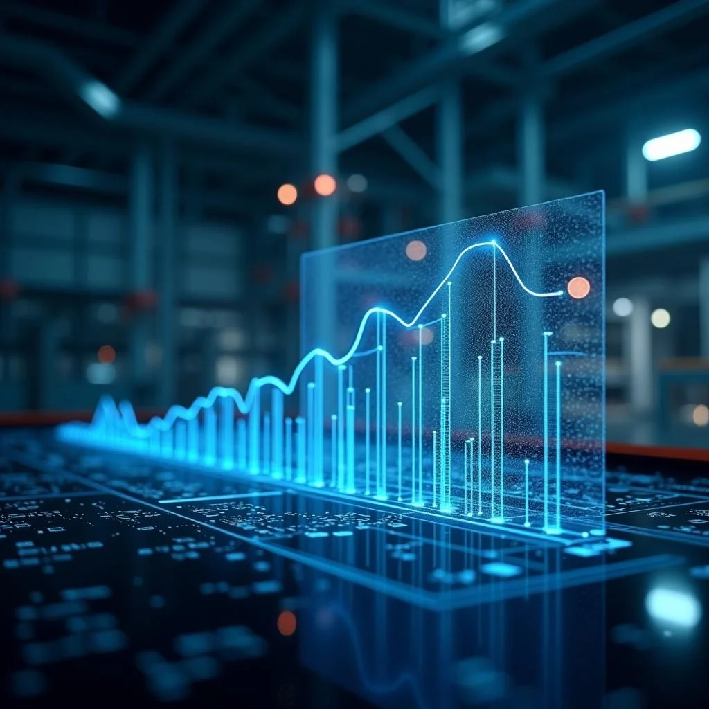 Un graphique et une usine avec des technologies numériques avancées.