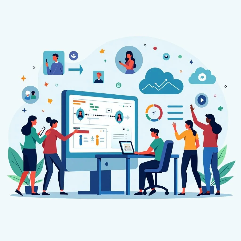 Iconos de herramientas de IA y vías de habilidades digitales para personas diversas.