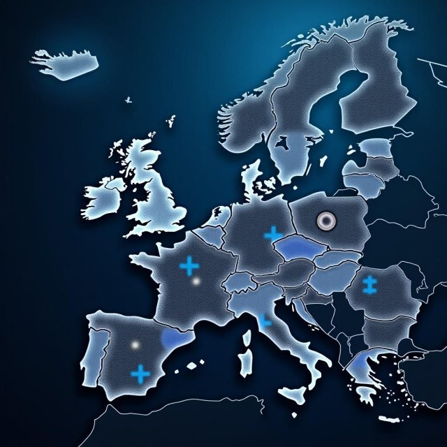 Un mapa de Europa con infraestructura de defensa y tecnológica interconectada.