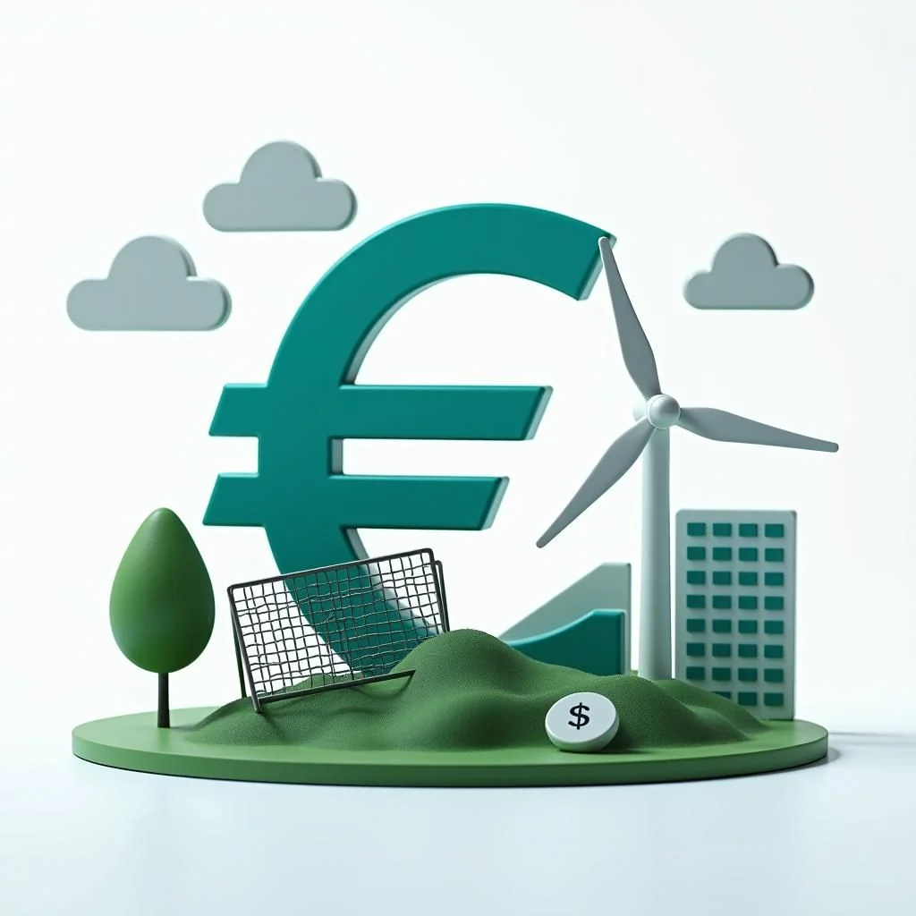 Un symbole numérique de l'euro intégrant l'énergie renouvelable et le recyclage.