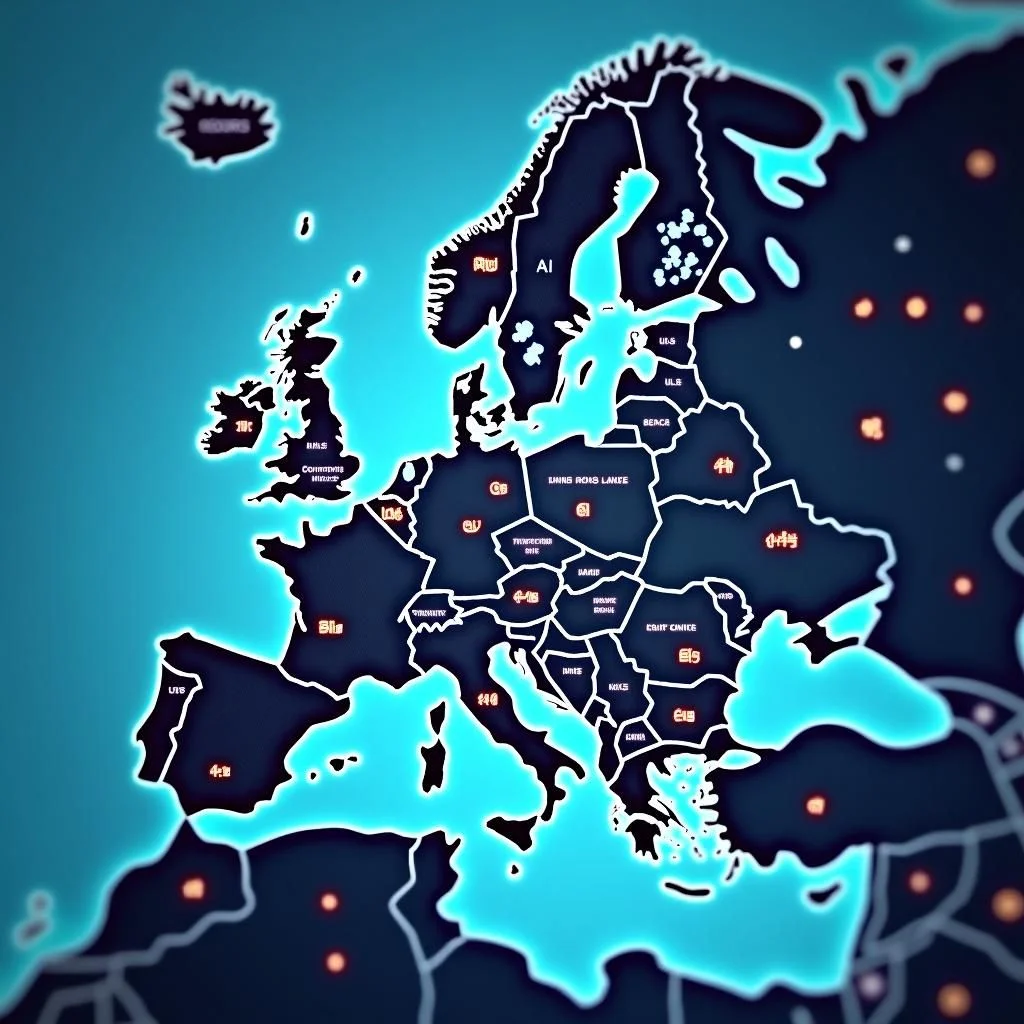 Carte de l'Europe avec les réseaux d'intelligence artificielle et les documents réglementaires de l'UE.