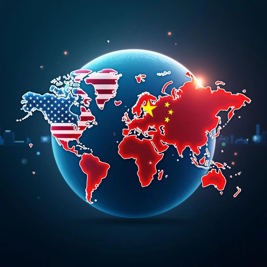 Drapeaux des États-Unis et de la Chine aux côtés du développement mondial de l'IA.
