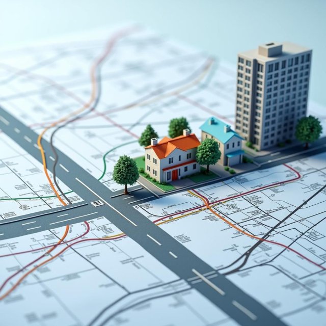 Planos, mapas de transporte y documentos financieros sobre la política de infraestructura.