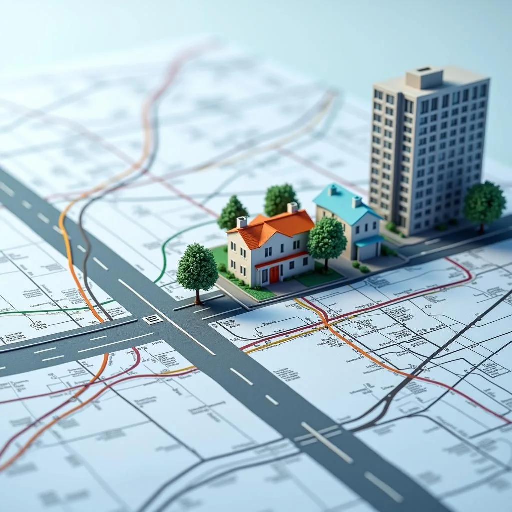Planos, mapas de transporte y documentos financieros sobre la política de infraestructura.