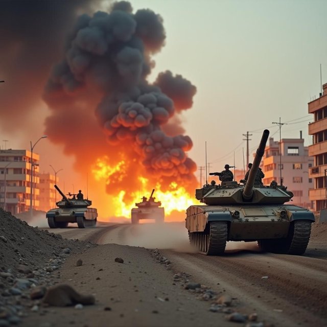 Tanques y bulldozers cerca de Gaza, con edificios dañados de fondo.