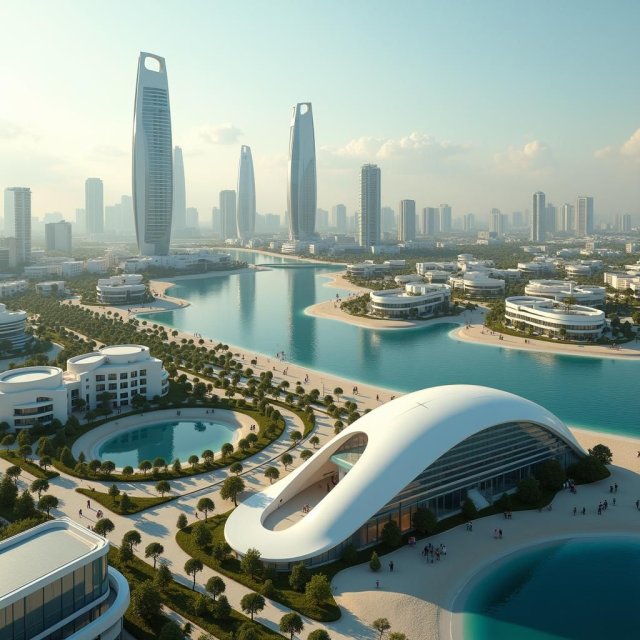 Ciudades futuristas, tokens digitales y renderizaciones de infraestructura moderna se muestran.