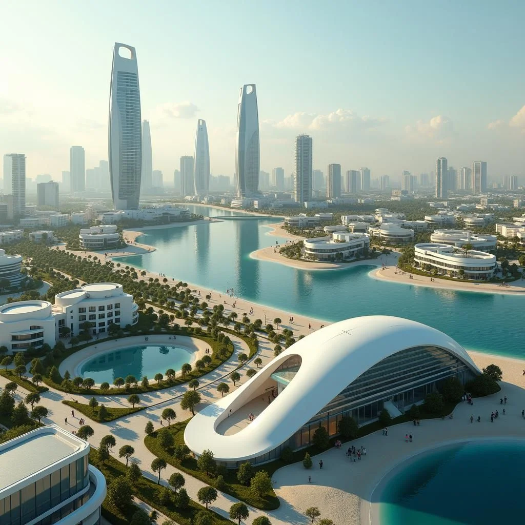 Ciudades futuristas, tokens digitales y renderizaciones de infraestructura moderna se muestran.