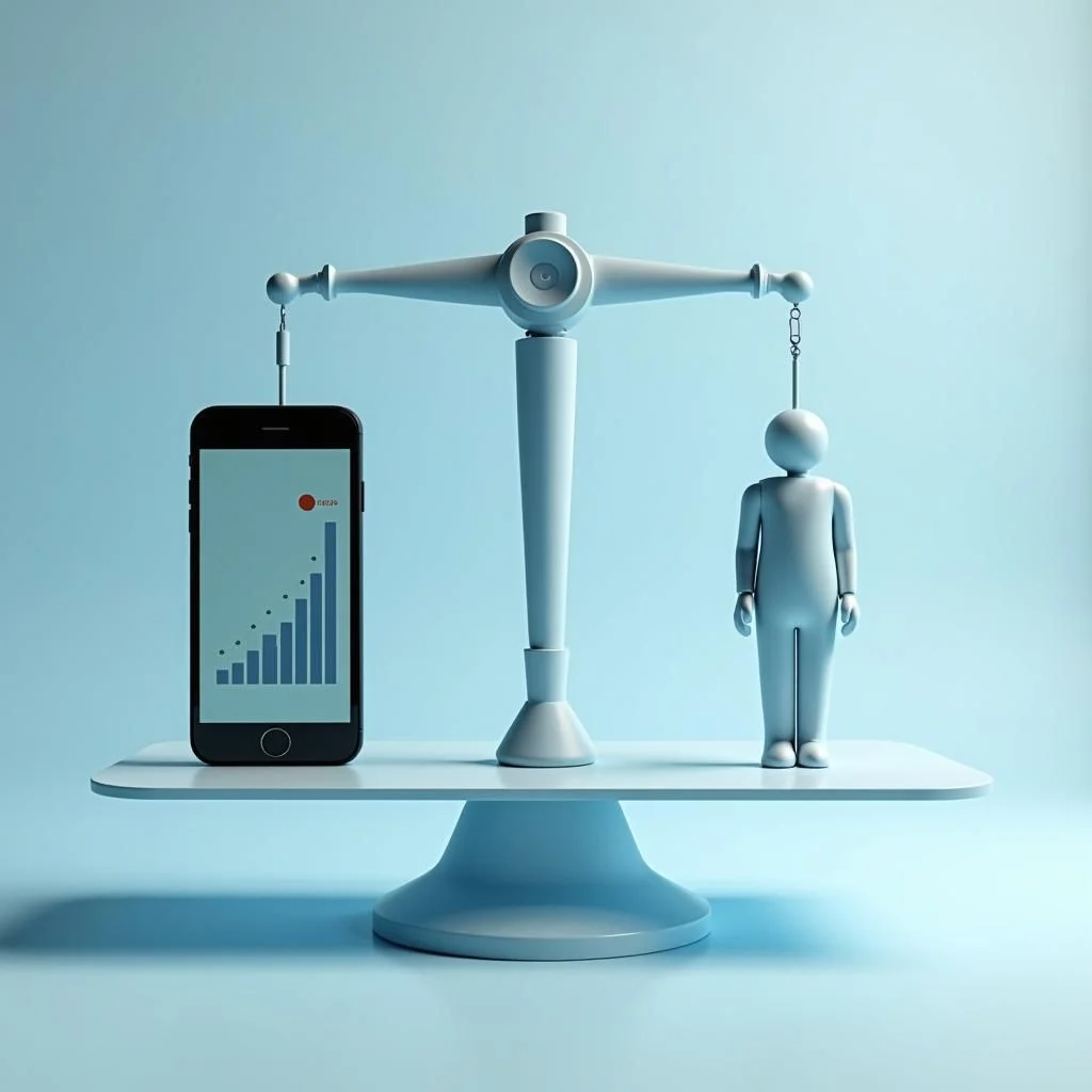 Une balance avec un smartphone et une figure humaine.