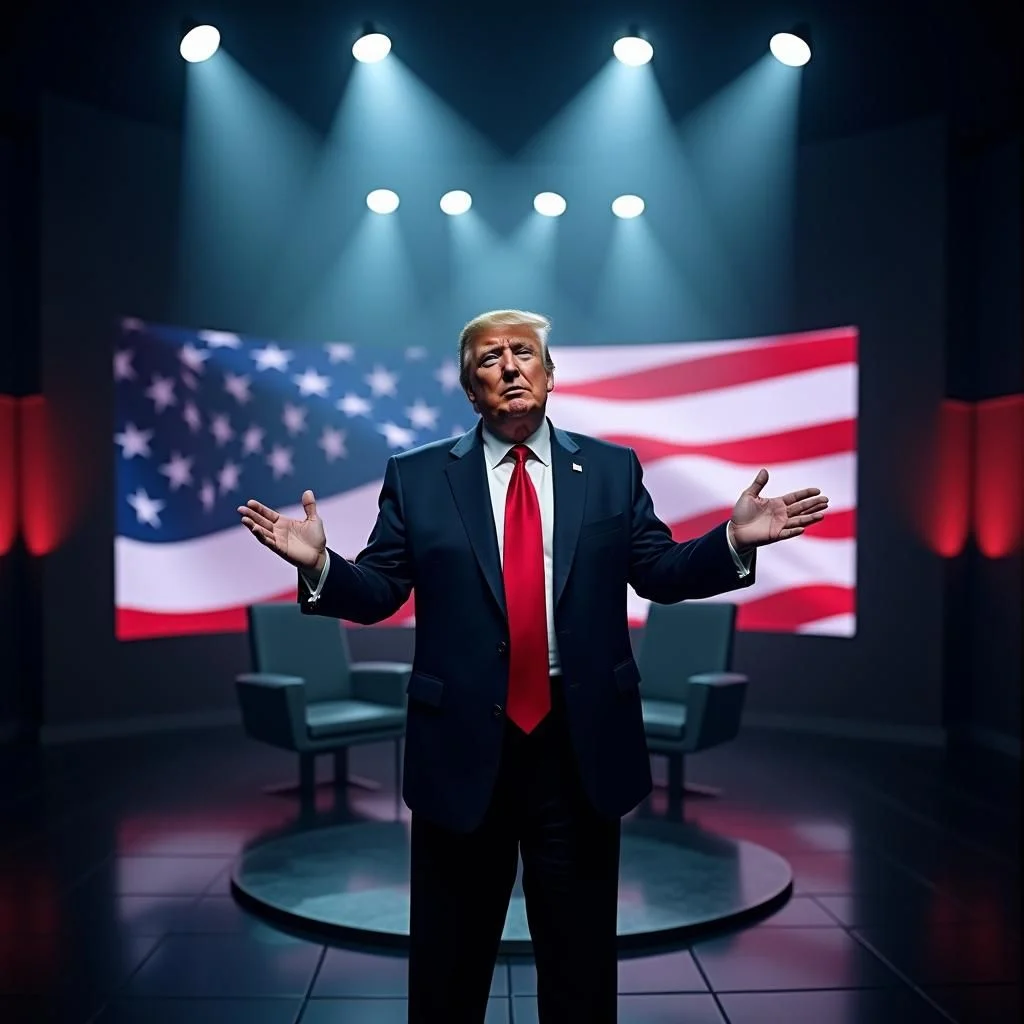 Un plateau de télé-réalité avec Trump sous les projecteurs et les titres d'actualité.