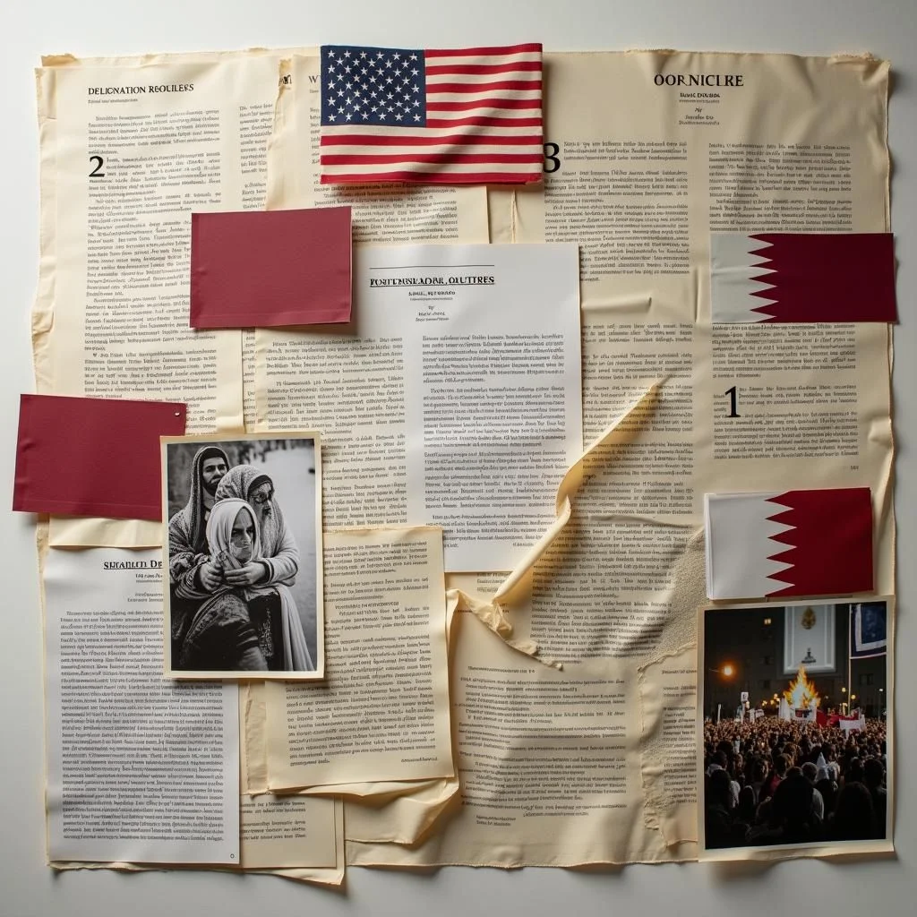 Diplomatic documents and flags amidst protests and legal texts.
