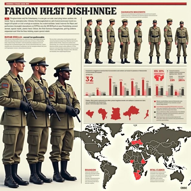 Soldados inmigrantes diversos en uniforme con estadísticas de integración y mapas.