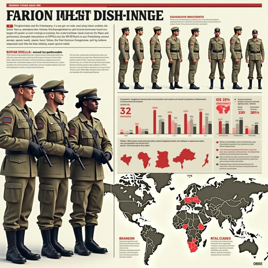 Soldados inmigrantes diversos en uniforme con estadísticas de integración y mapas.
