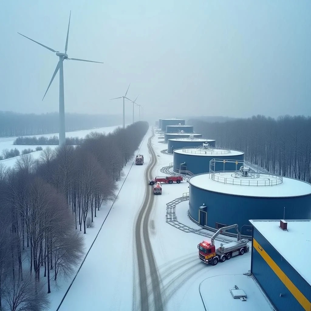 Infrastructure énergétique endommagée et paysages d'hiver avec des équipes de réparation.