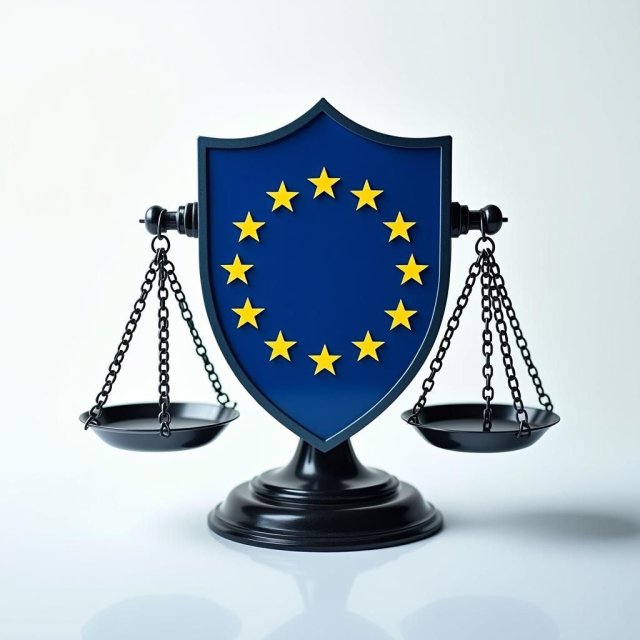 Un escudo que presenta la bandera de la UE y circuitos digitales.