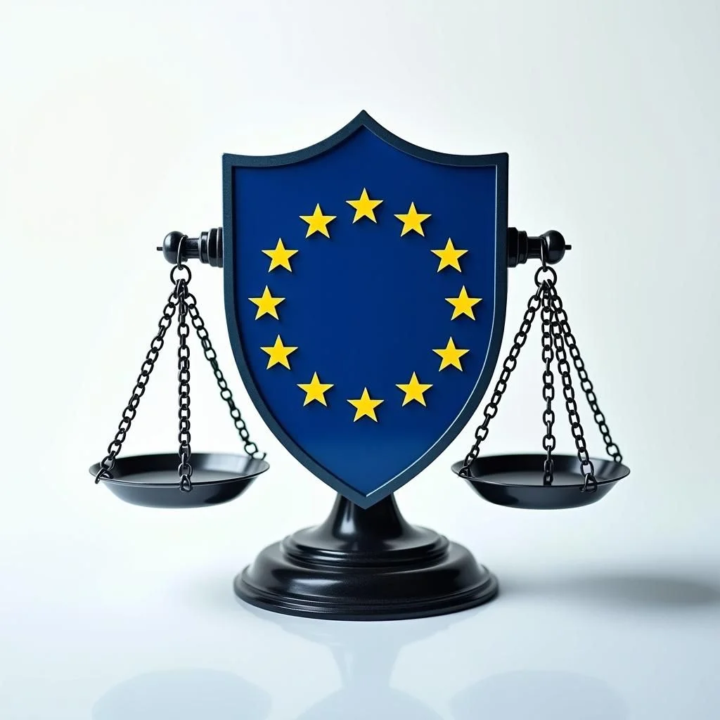 Un escudo que presenta la bandera de la UE y circuitos digitales.