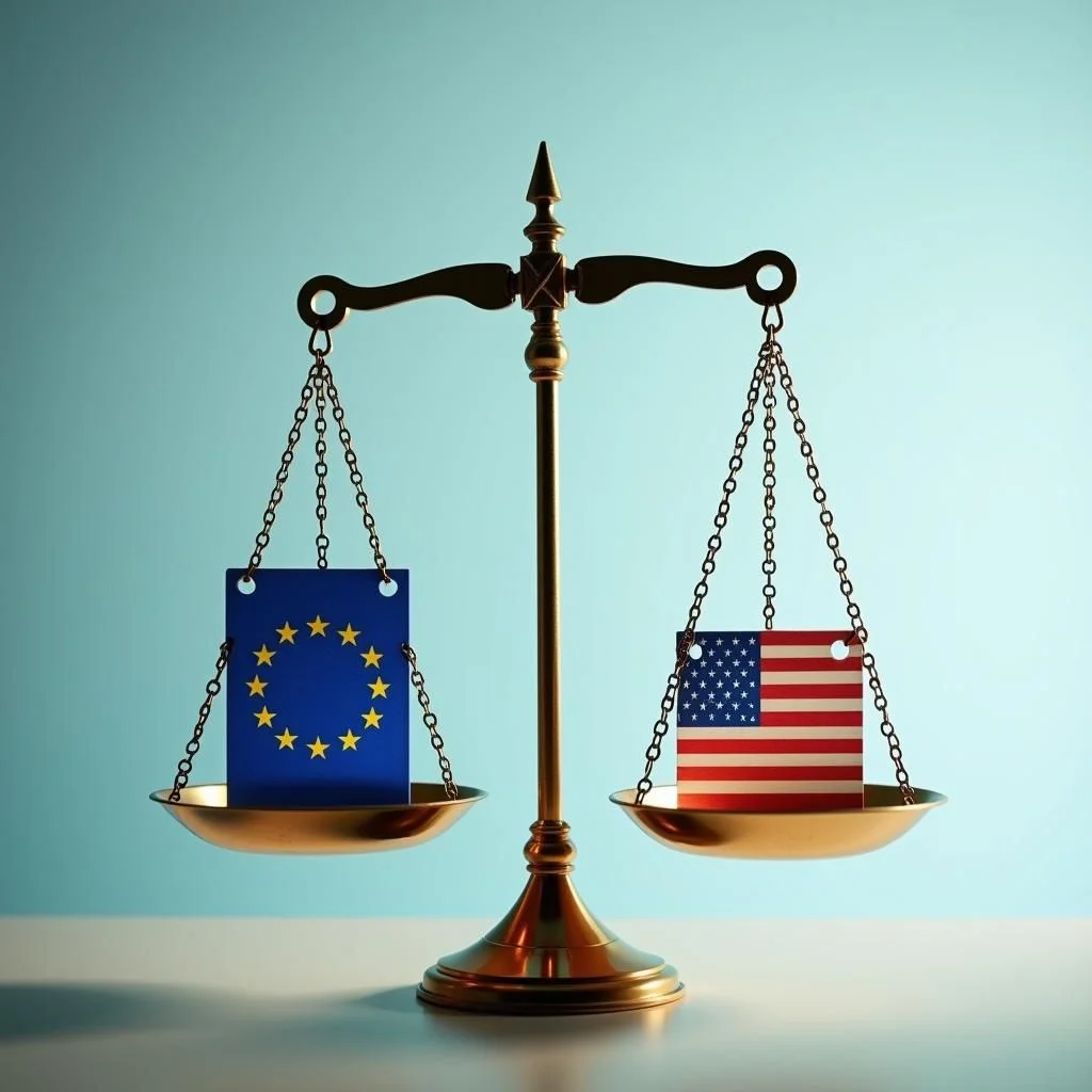 Una balanza de equilibrio con las leyes de la UE y las presiones externas separadas.