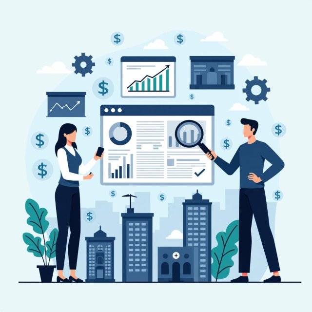 Los indicadores económicos y los iconos de la industria ilustran la significación de los datos del gobierno.