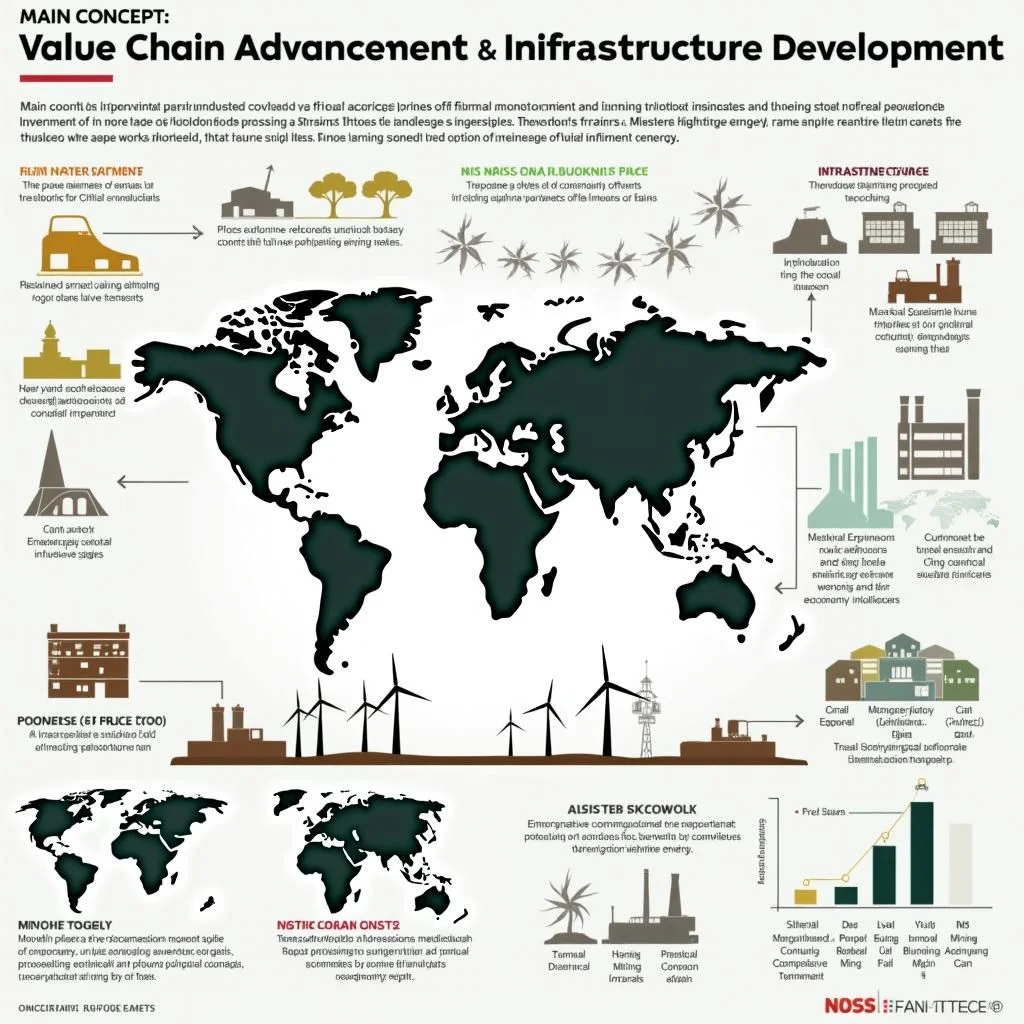 Schéma de flux des étapes de traitement des minéraux avec des projets de développement d'infrastructure.